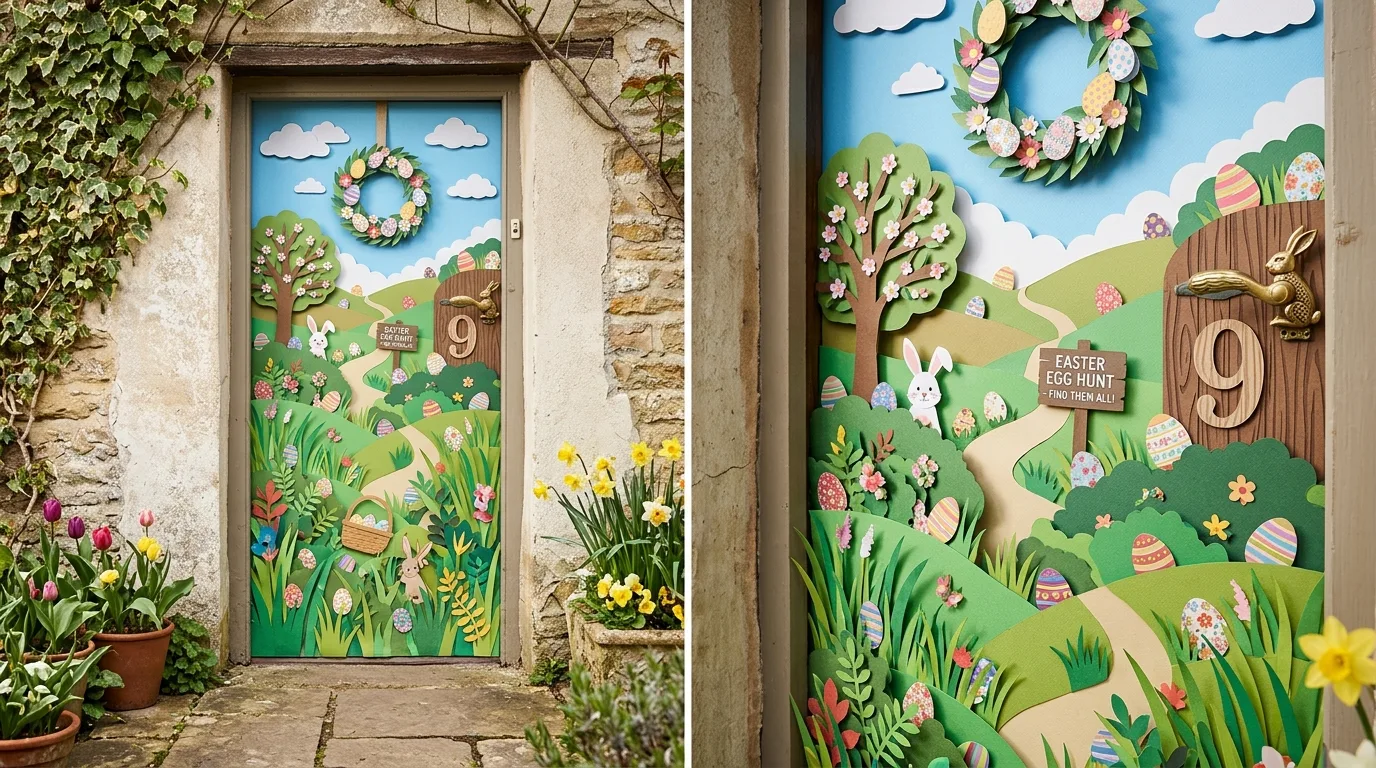 Easter egg hunt classroom door with grass border and hidden eggs