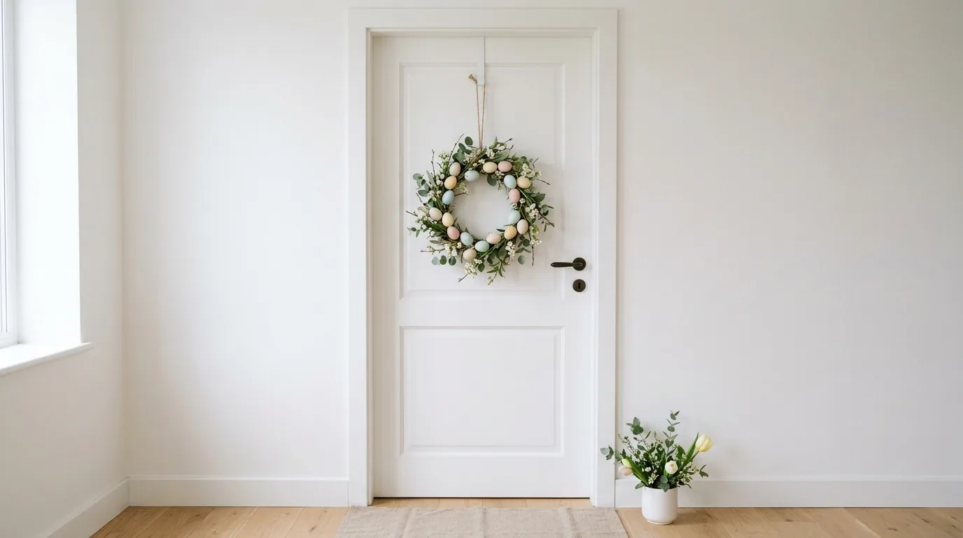 Minimalist Easter classroom door with pastel egg wreath and greenery