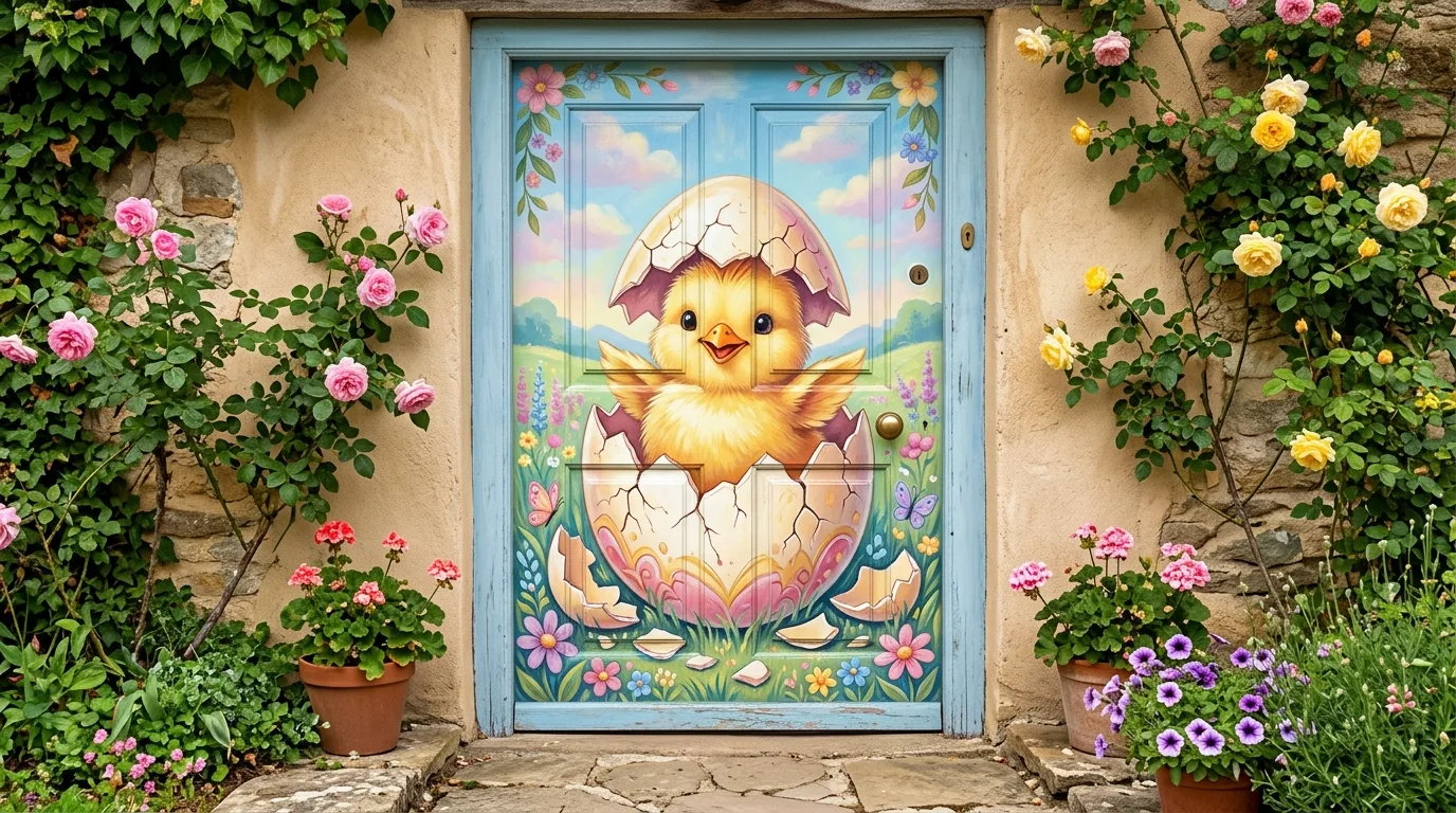Classroom door with large chick hatching from egg and cheerful pastel accents