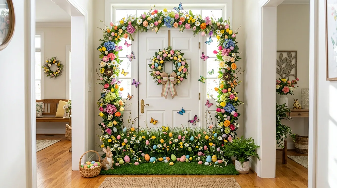Garden style Easter classroom door with flowers, butterflies, grass, and scattered eggs