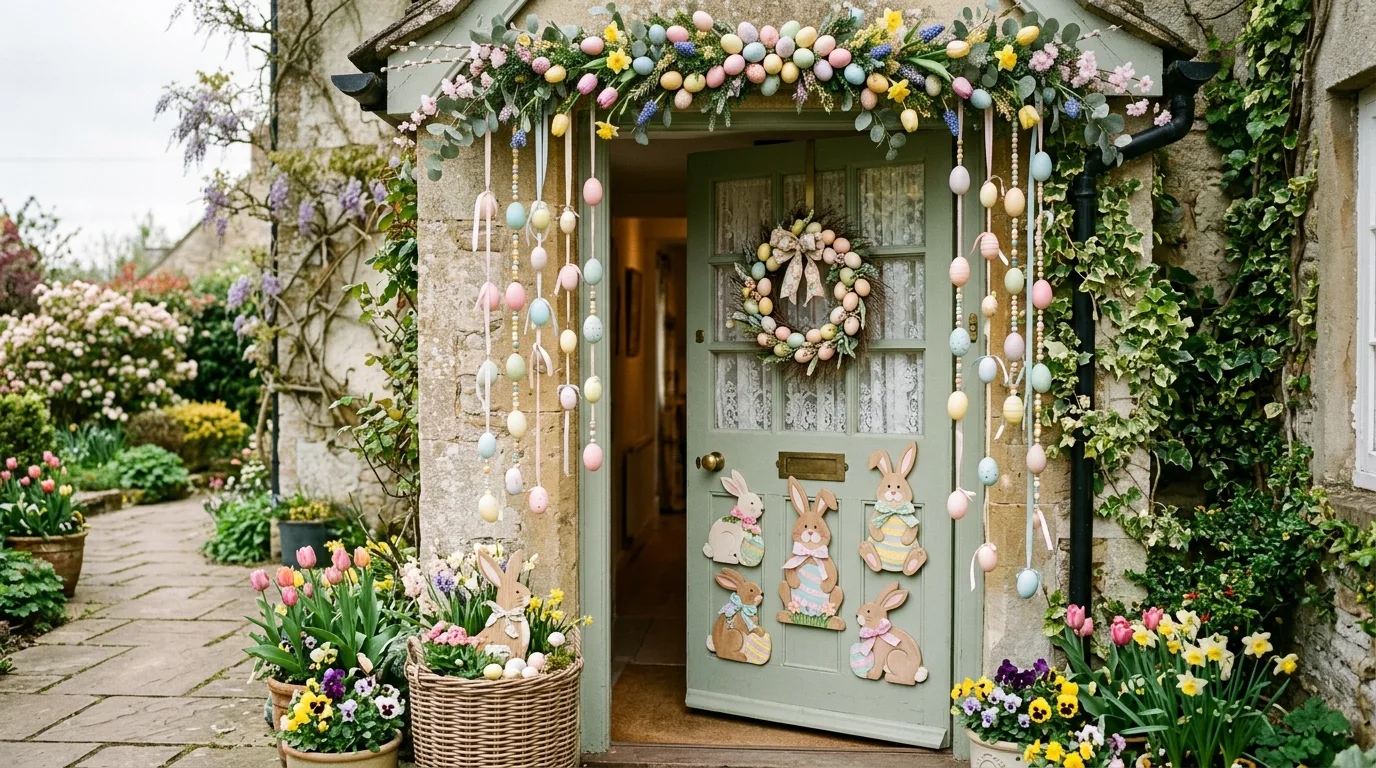 Whimsical Easter classroom door with hanging egg garlands and bunny cutouts