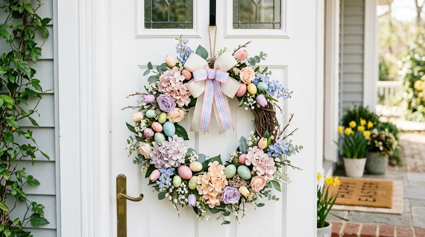 Pastel Easter door hanger wreath with eggs and flowers