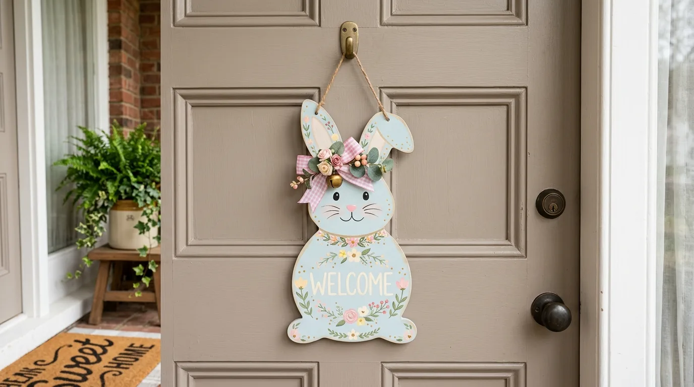 Wooden bunny-shaped Easter door hanger with floral accents