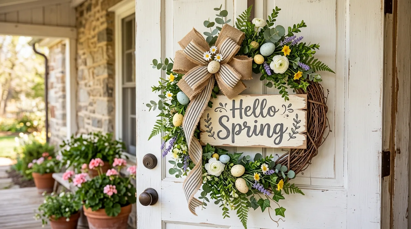 Farmhouse Easter door hanger with Hello Spring sign, bow, and greenery