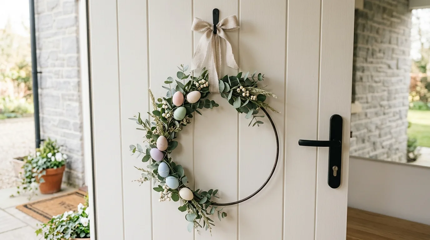 Minimal Easter door hanger with metal hoop, eucalyptus, and pastel eggs