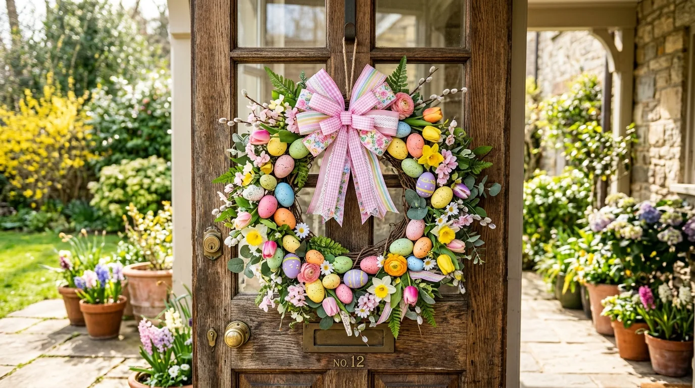 Colorful Easter wreath with bright eggs, ribbons, and spring florals