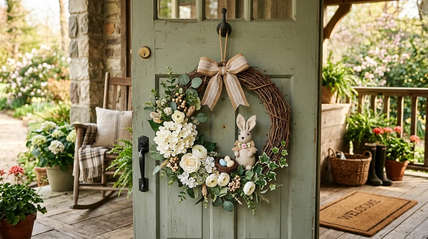 Rustic Easter door hanger with grapevine base, white flowers, and bunny accent