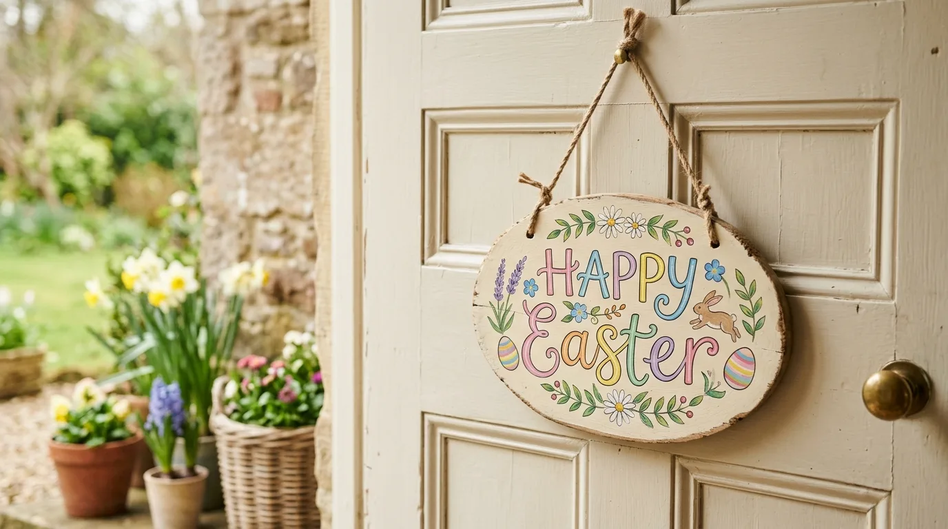 DIY Easter door sign with painted lettering and small floral details