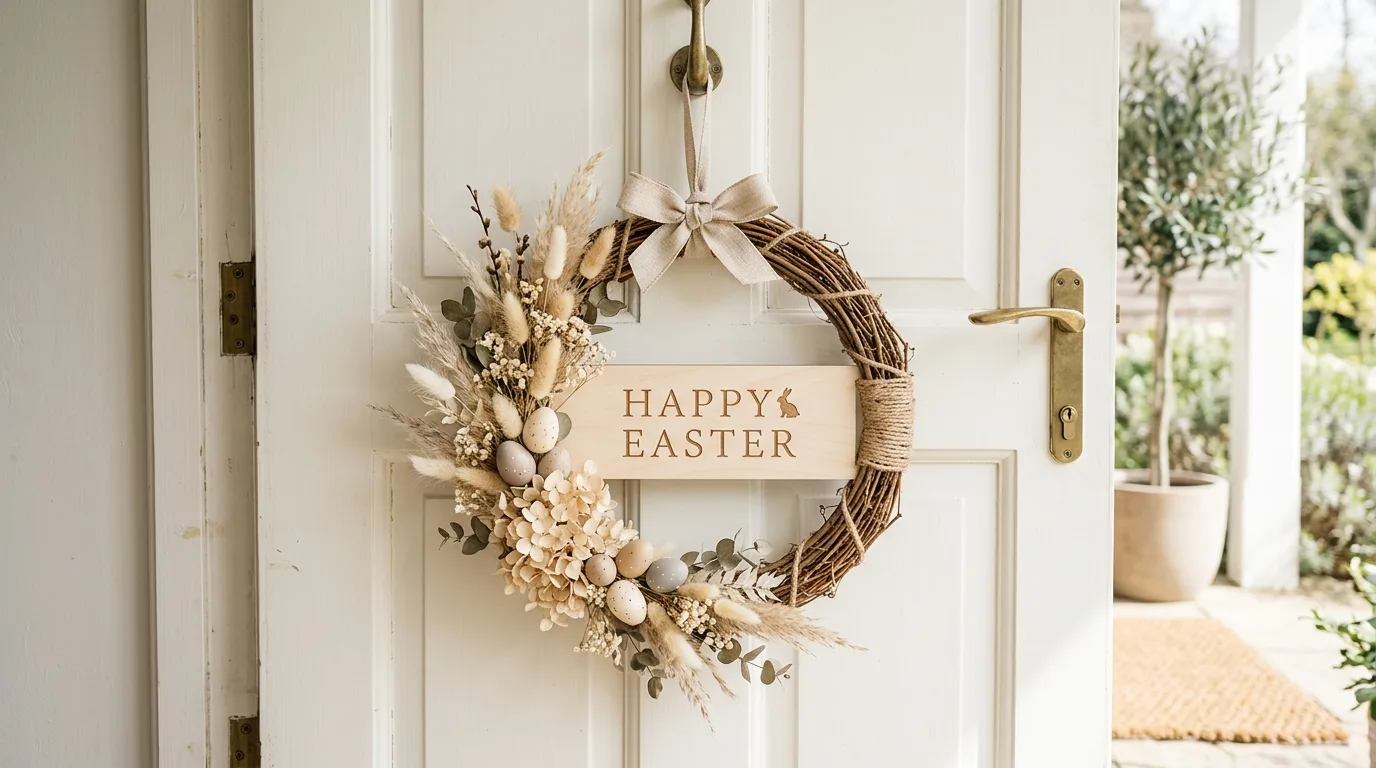 Neutral Easter door hanger with beige tones, dried flowers, and subtle eggs