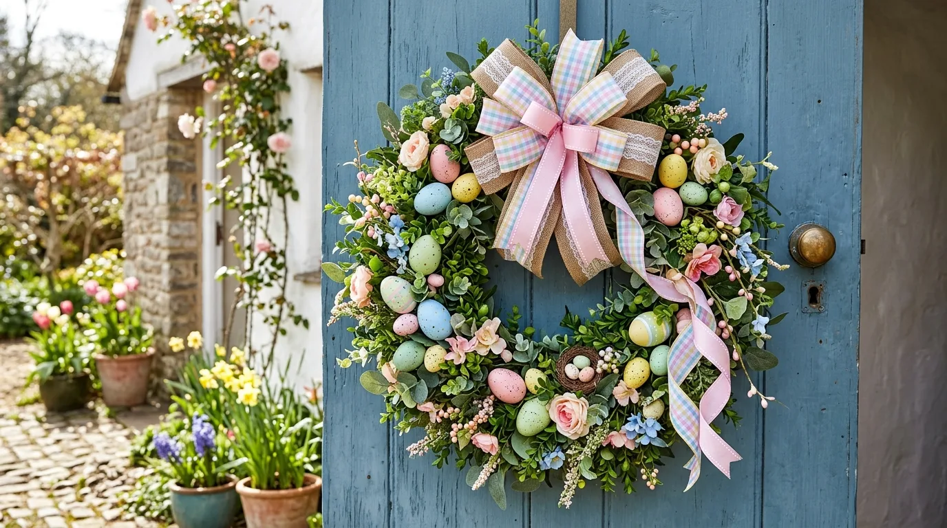 Festive Easter wreath with layered ribbons, pastel eggs, and greenery