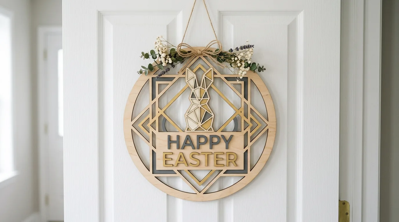 Modern Easter door hanger with geometric wooden design and floral accents