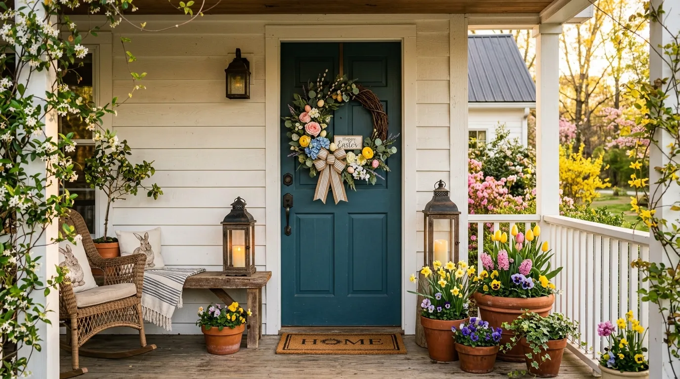 Farmhouse porch with Easter wreath door hanger, lanterns, and flowers