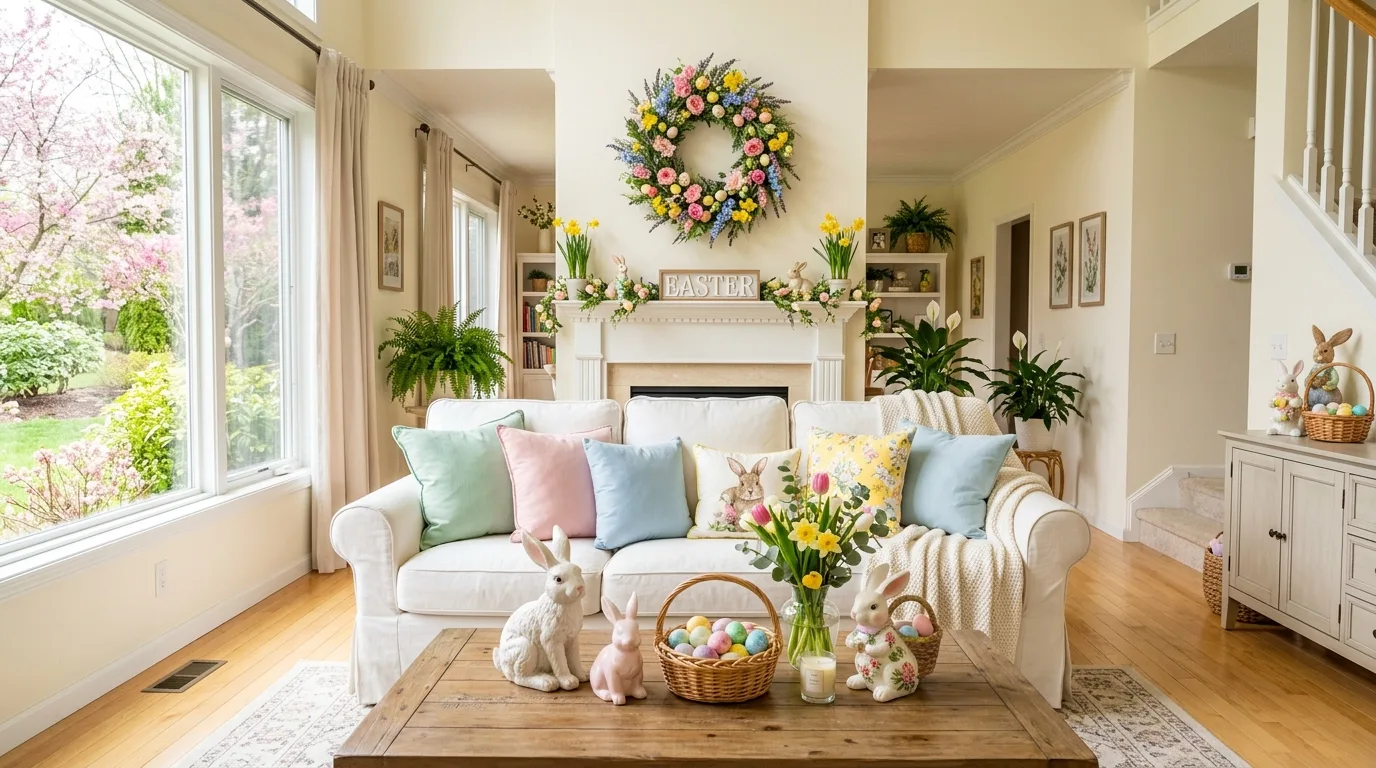 Festive Easter living room with pastel pillows, wreath, and bunny figurines