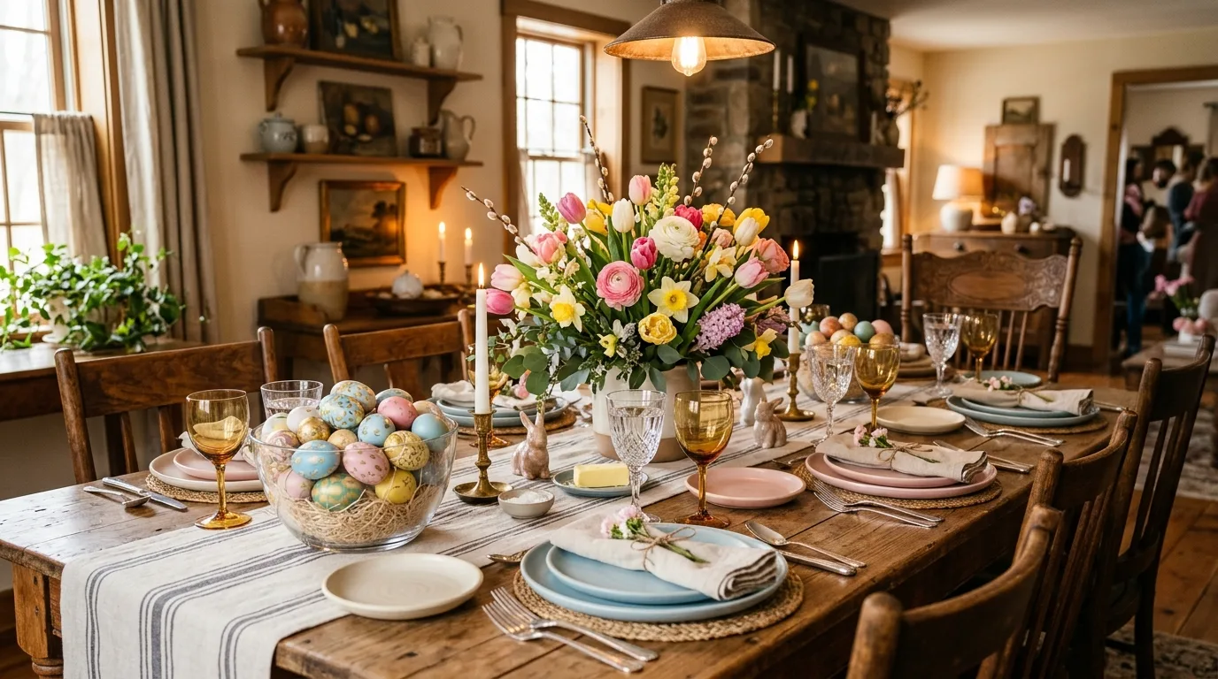 Farmhouse Easter dining table with painted eggs, floral centerpiece, and pastel tableware