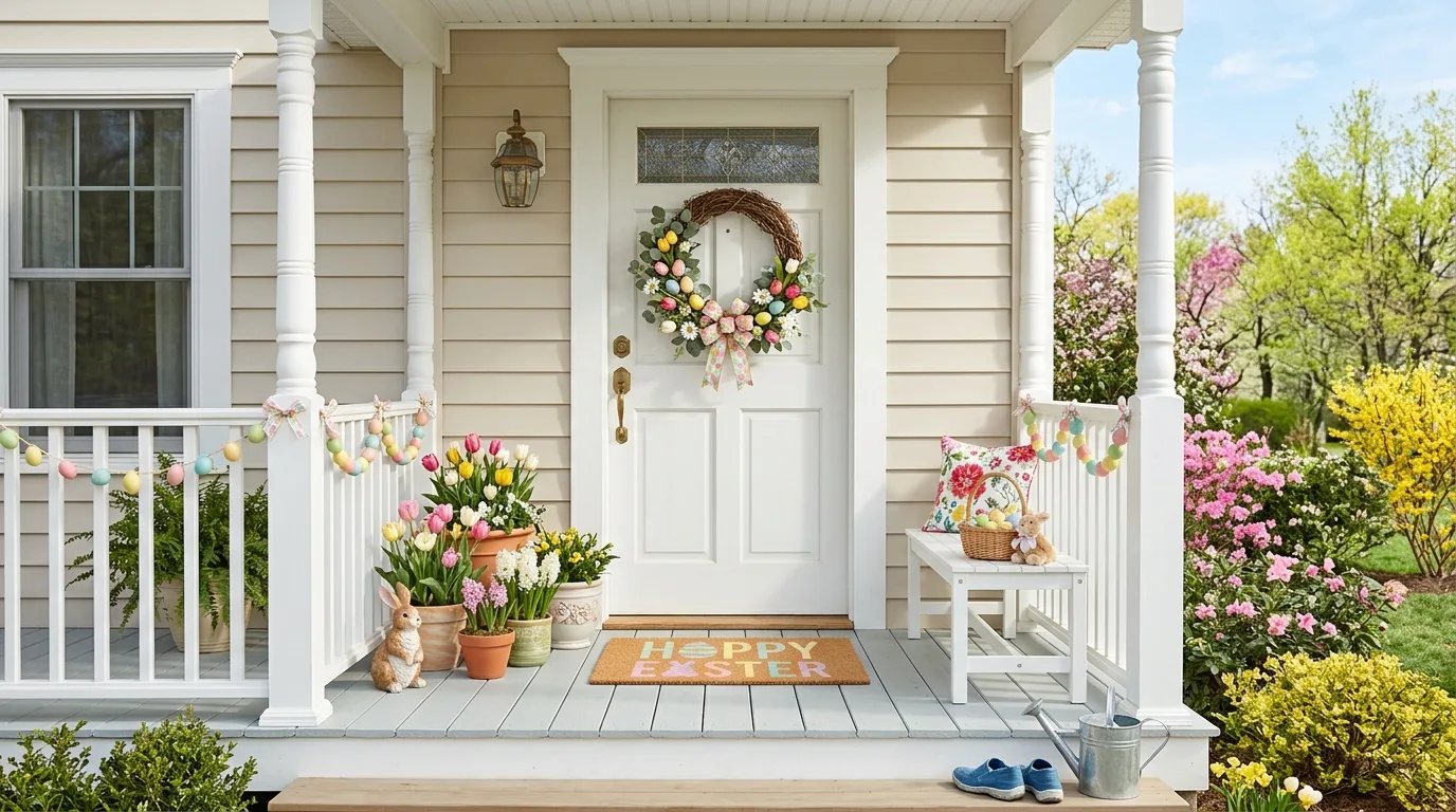 Front porch decorated for Easter with wreath, pastel egg garland, potted tulips, and doormat