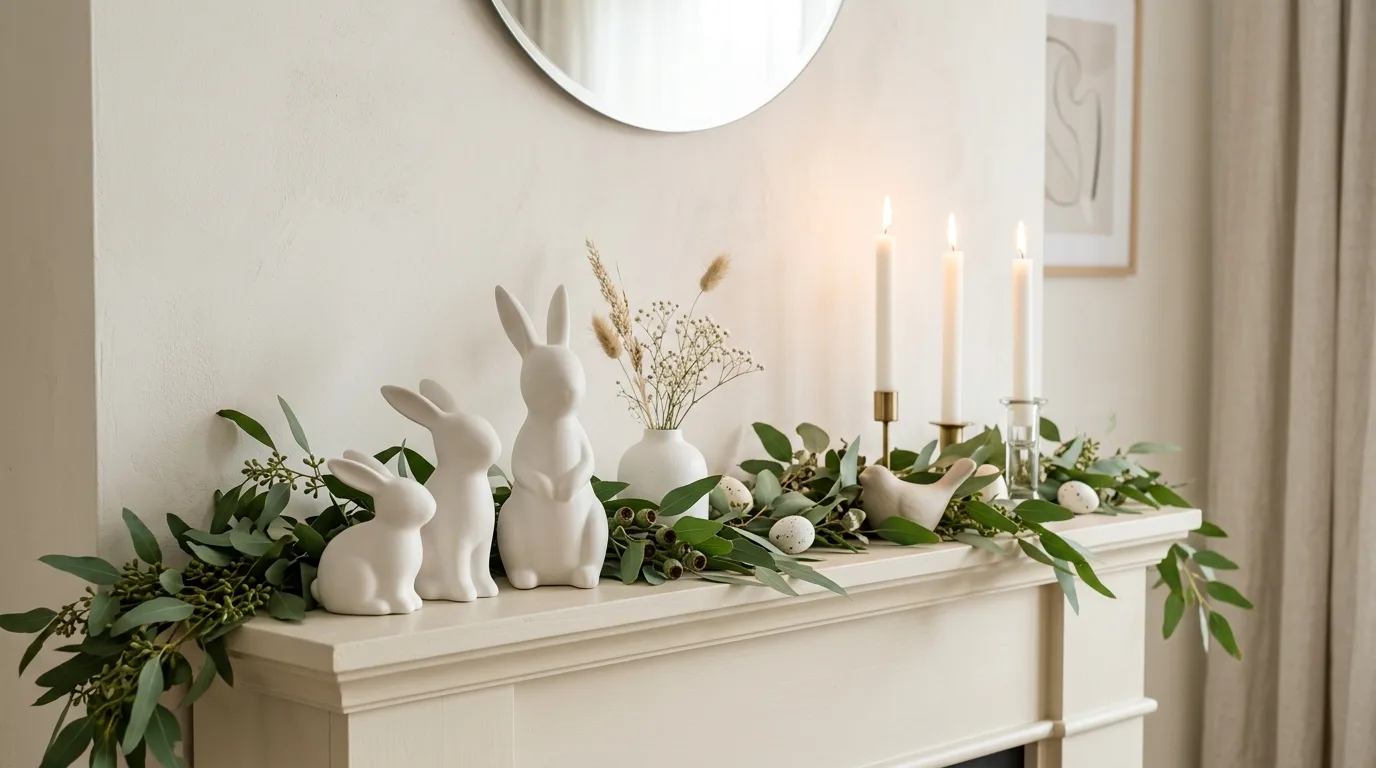 Minimalist Easter mantel with white ceramic bunnies, eucalyptus garland, and candles
