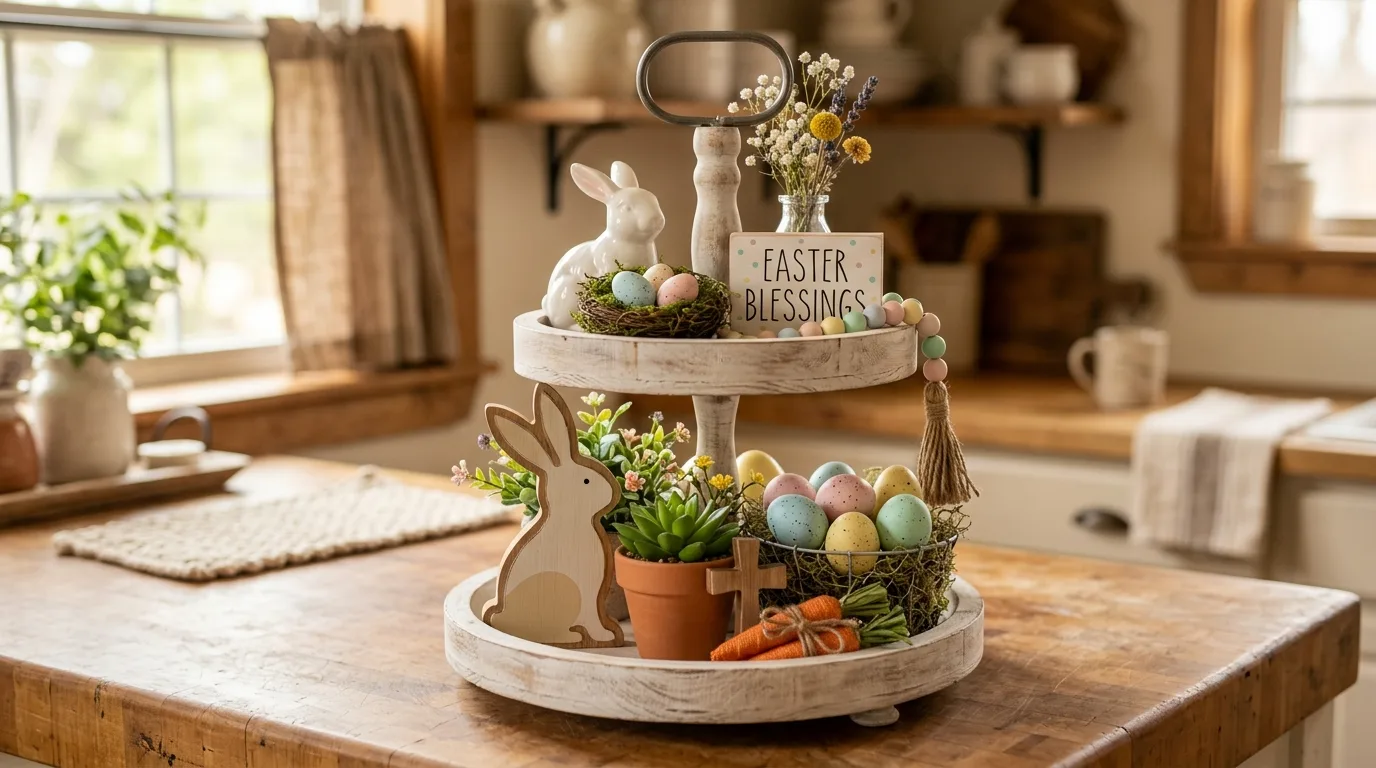 Tiered tray Easter decor with bunny figurines, pastel eggs, flower pots, and wood accents