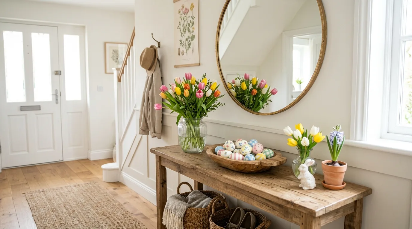 Spring entryway console table with tulips, decorative Easter eggs, and mirror