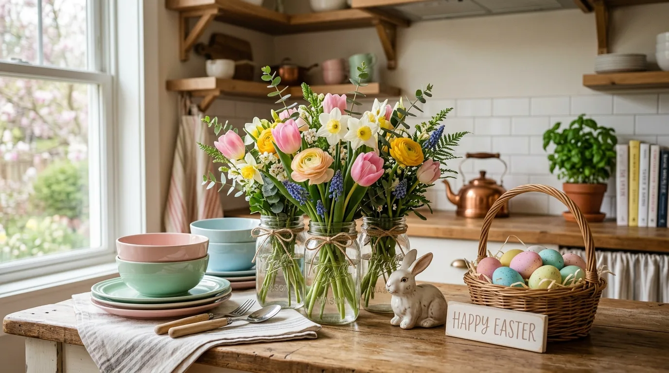 Cozy Easter kitchen counter with flowers, pastel dishware, and subtle bunny decor