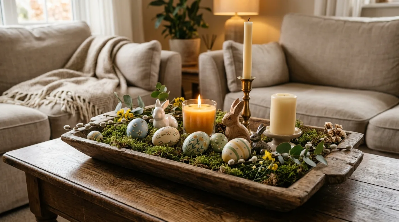 Rustic Easter coffee table setup with wooden tray, candles, moss, painted eggs, and bunny decor
