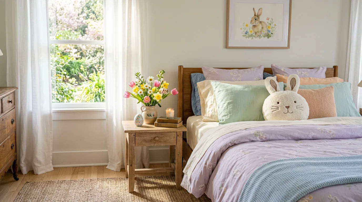 Bedroom styled for Easter with pastel bedding, bunny pillow, and spring flowers