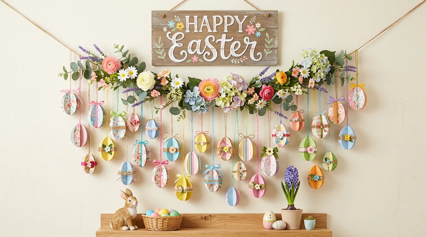 Decorative Easter wall display with hanging paper eggs, floral garlands, and Happy Easter sign