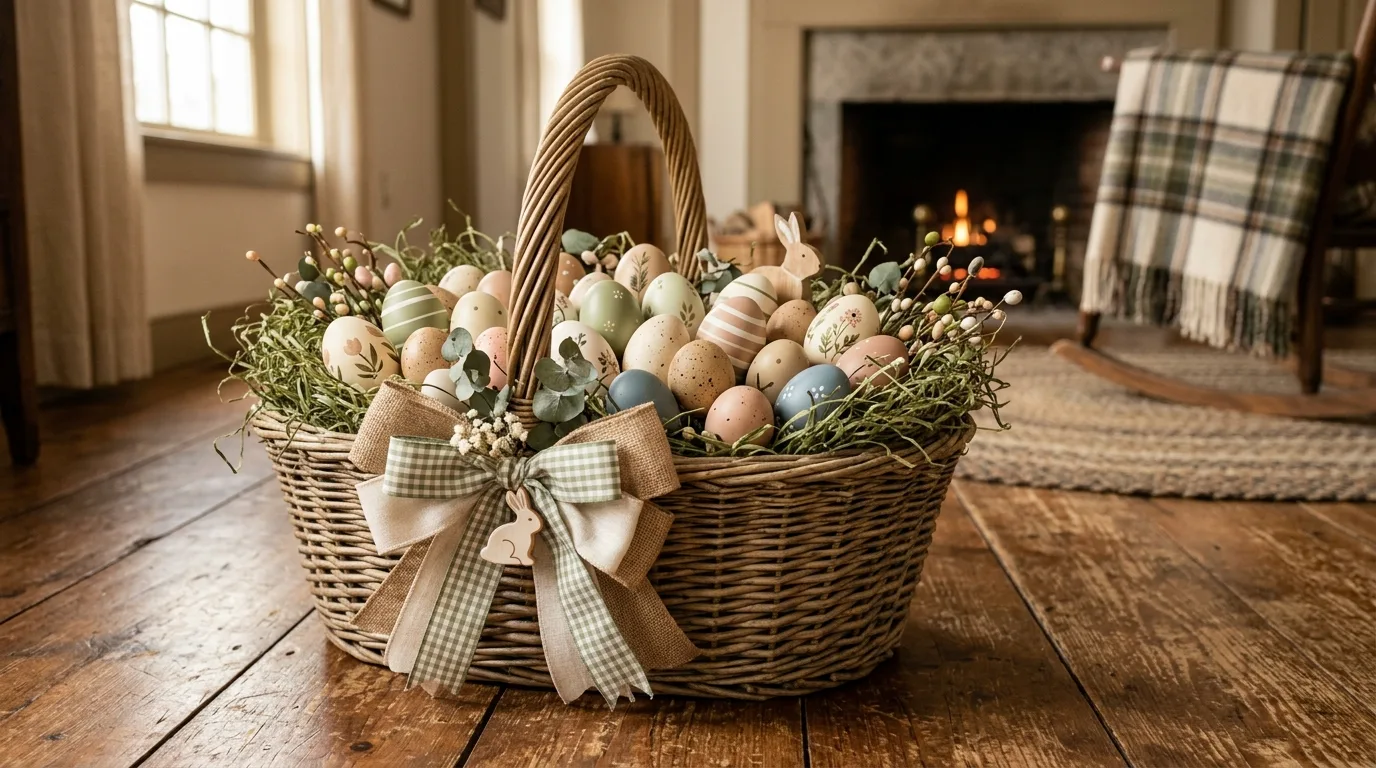 Farmhouse Easter basket arrangement with faux grass, decorated eggs, and ribbon bows
