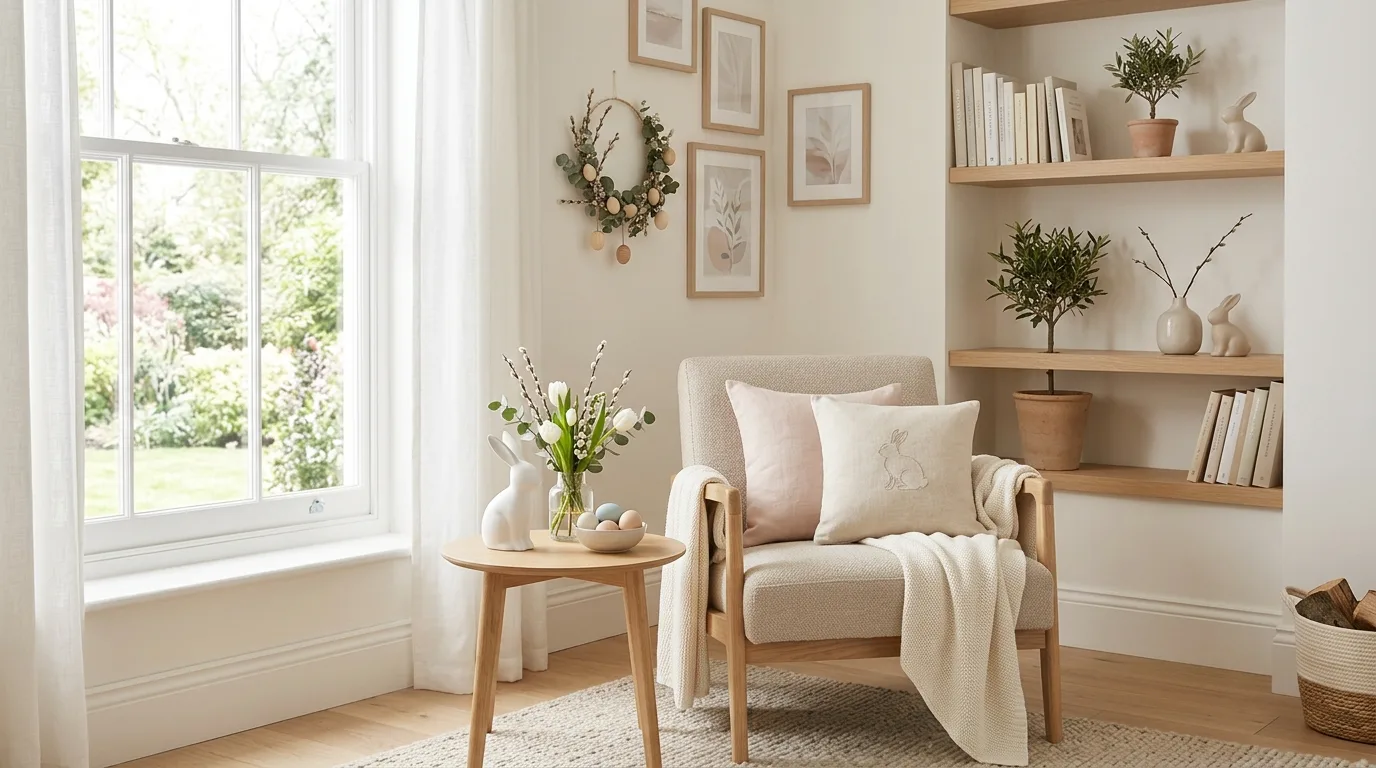 Modern Easter living room corner with neutral furniture, pastel accents, and minimalist bunny decor