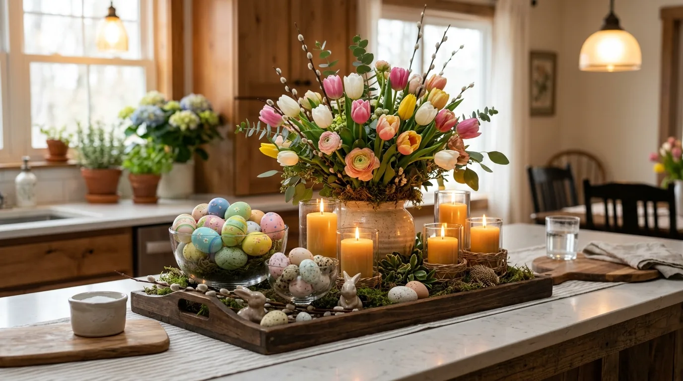 Festive Easter centerpiece on dining island with candles, tulips, greenery, and decorative eggs