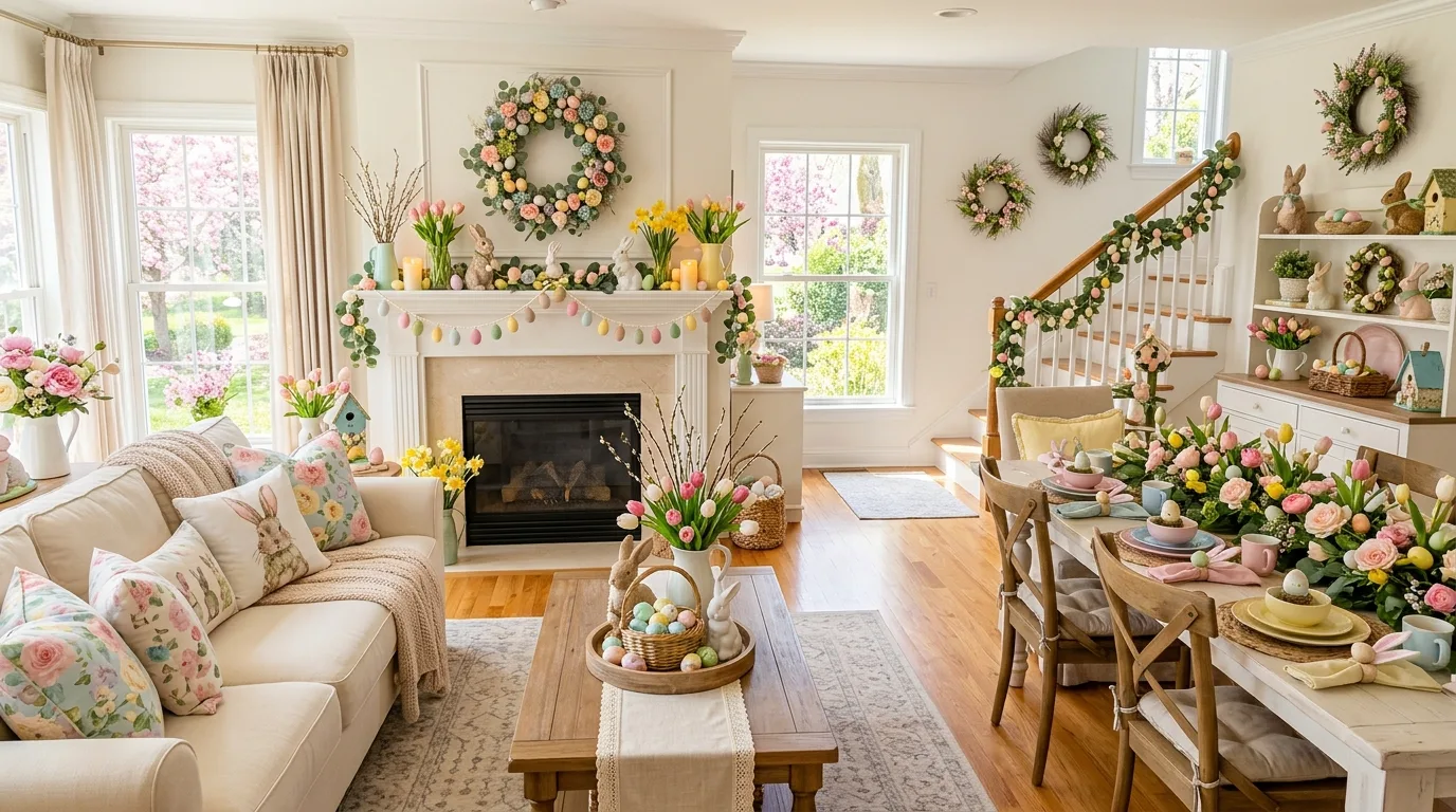 Wide view of a fully decorated Easter home interior with pastel decor, wreaths, flowers, and bunny accents