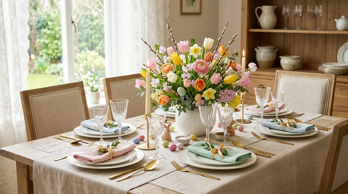 Elegant Easter table with white plates, gold cutlery, and tulip centerpiece