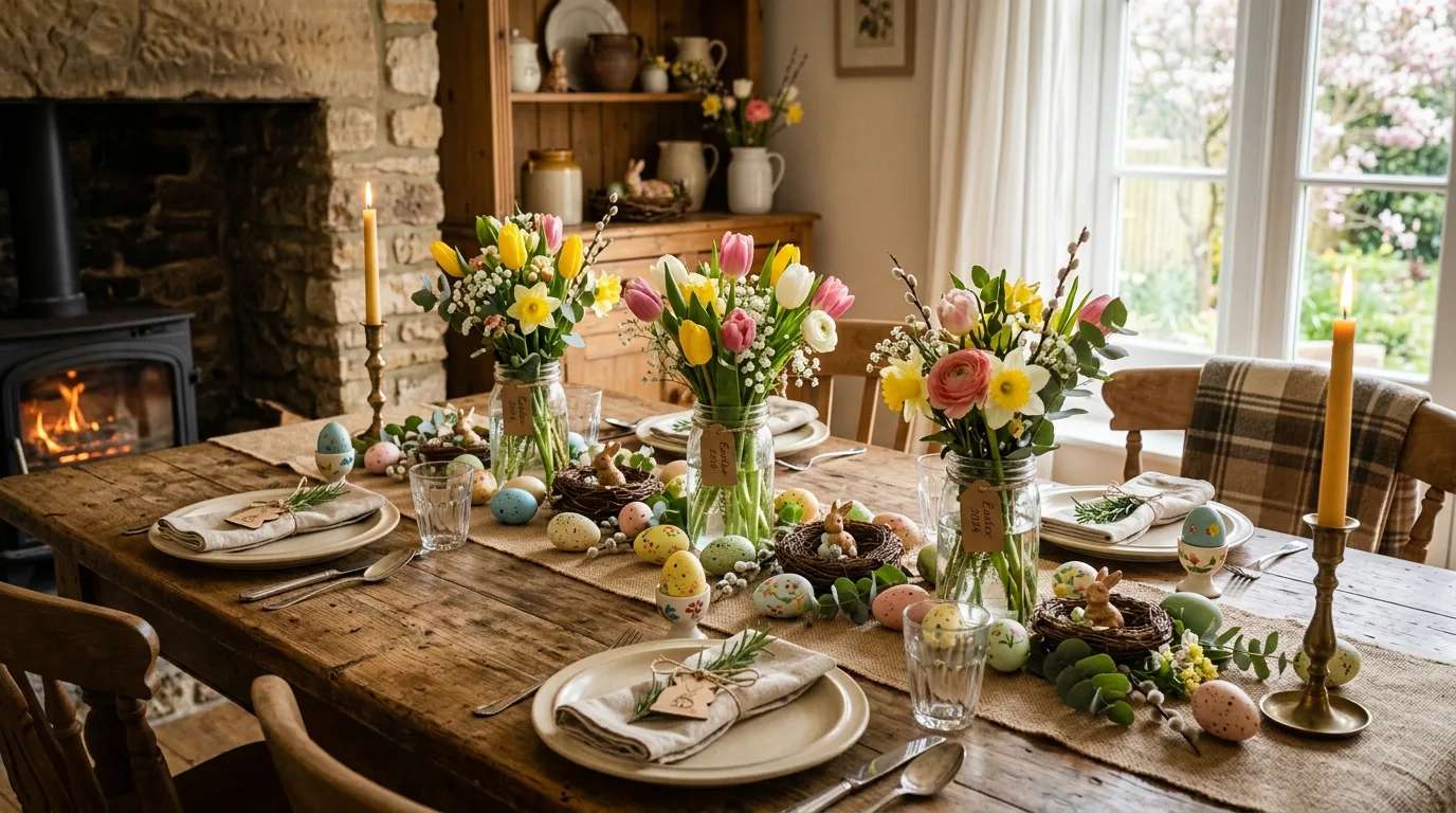Farmhouse Easter tablescape with burlap runner, mason jars, and painted eggs