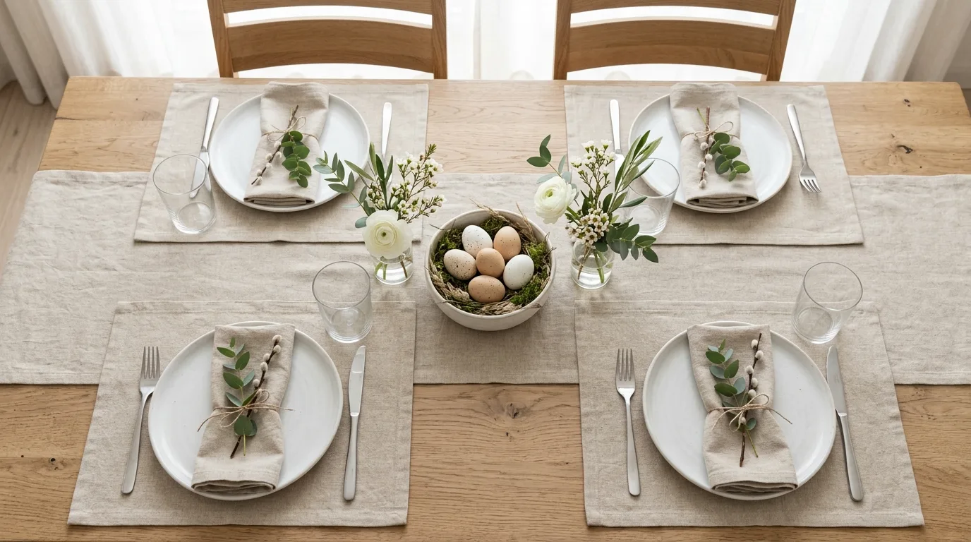 Minimal Easter table setting with neutral tones, white plates, and greenery sprigs
