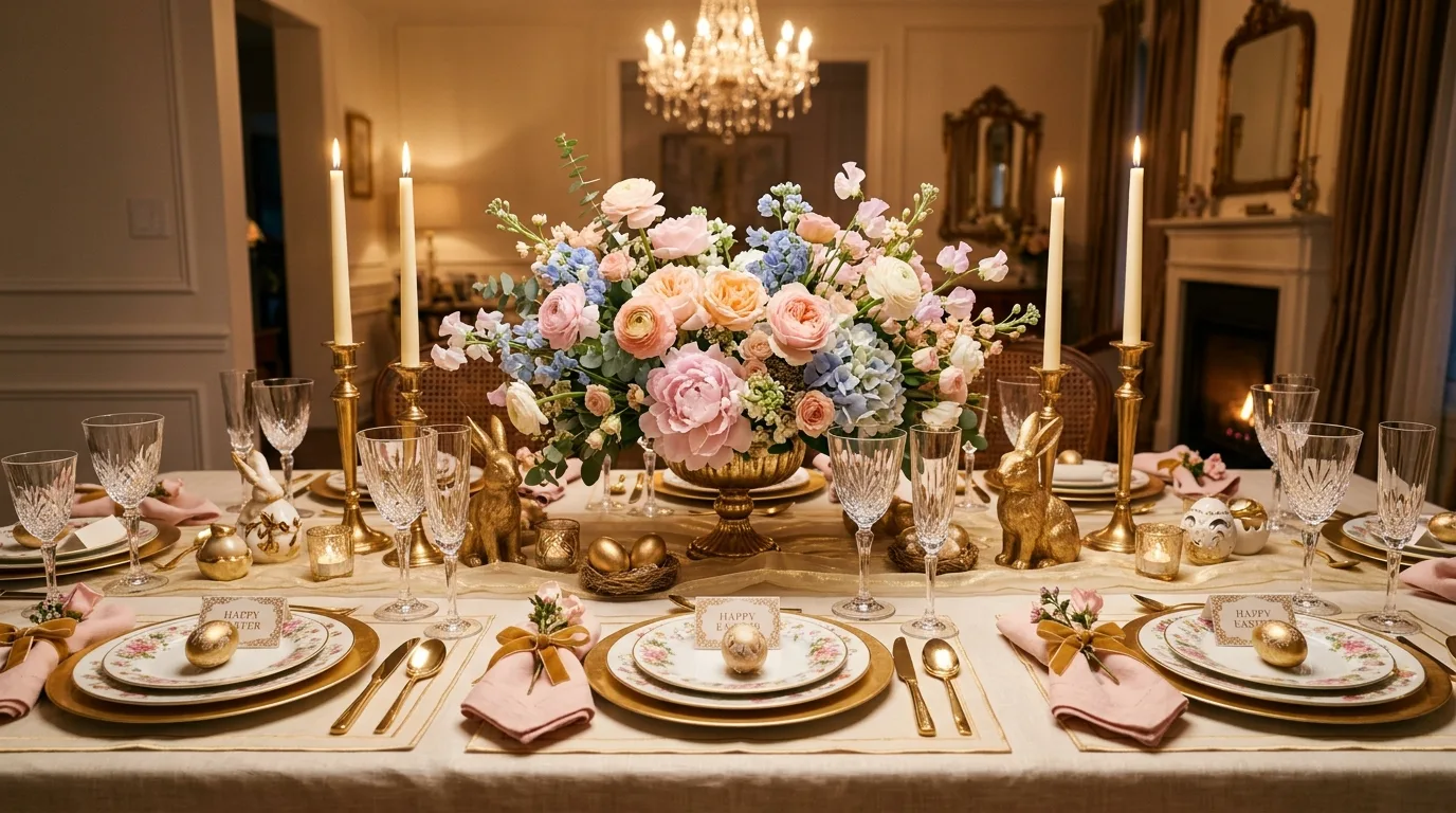 Luxury Easter tablescape with crystal glassware, gold accents, and pastel florals