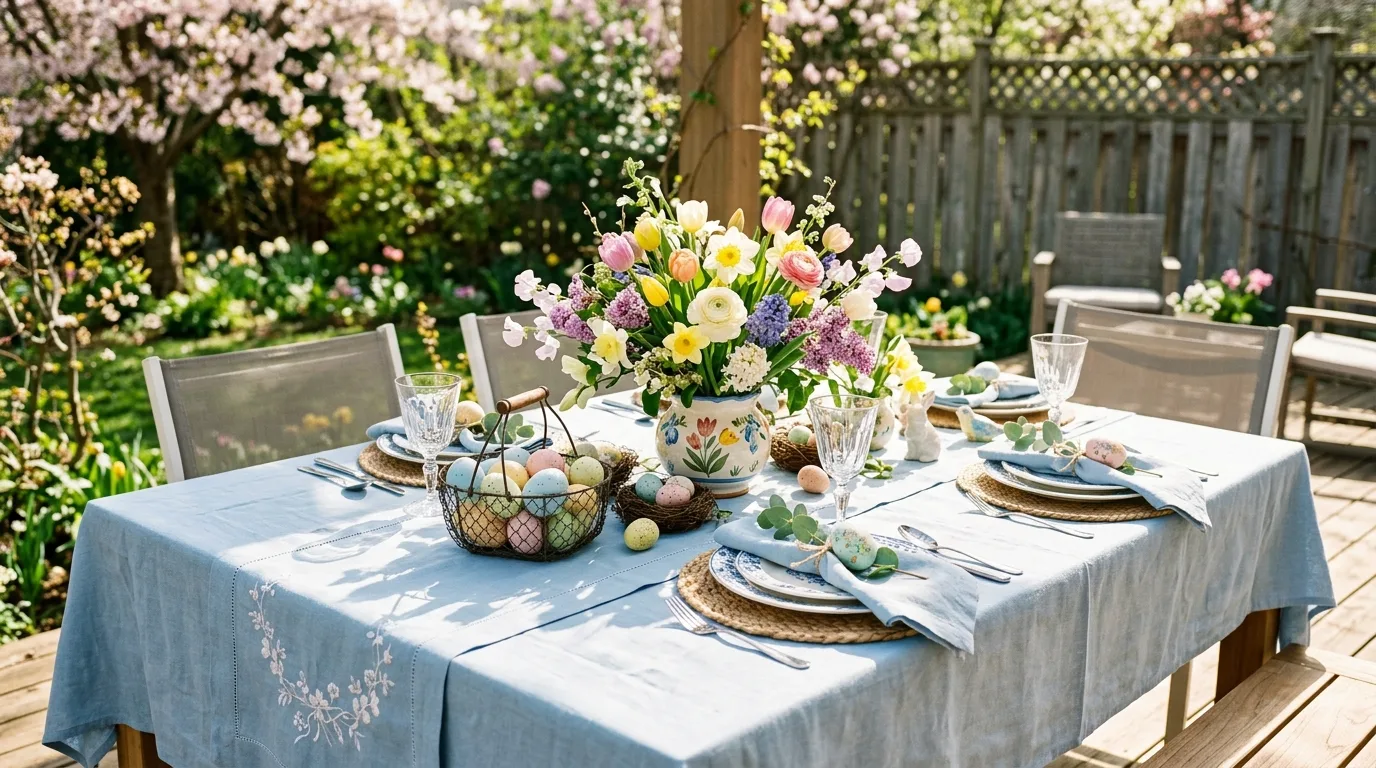 Spring-inspired Easter table with fresh flowers, pastel eggs, and blue linens
