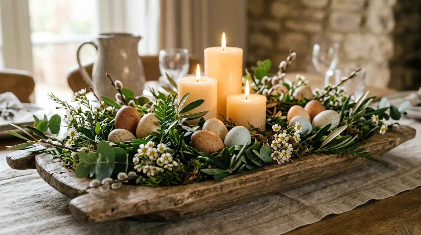 Rustic Easter centerpiece on a wooden tray with candles, greenery, and eggs