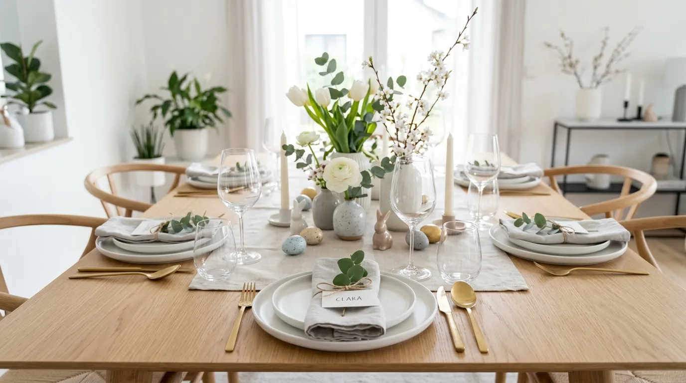Modern Easter dining table with sleek white tableware and minimal decor