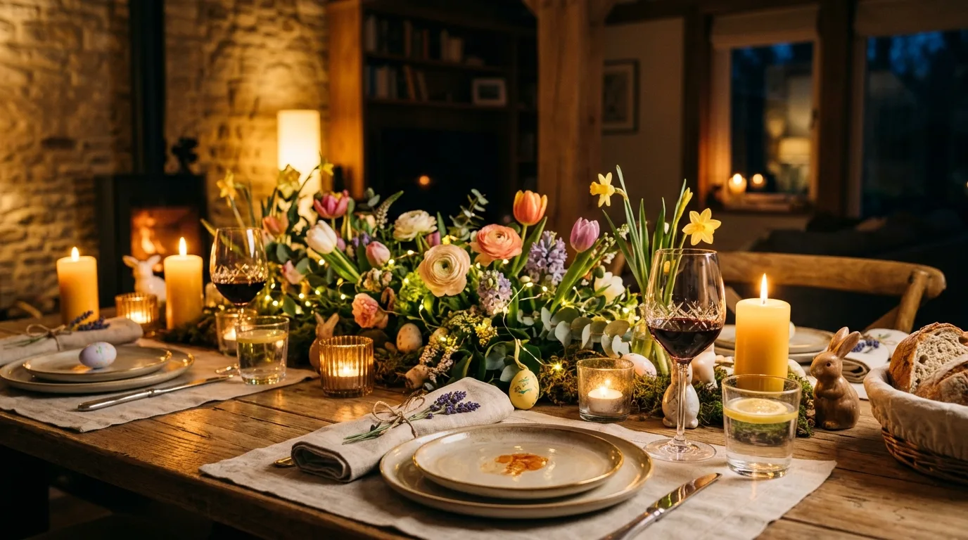 Cozy candlelit Easter table with floral decor and warm tones