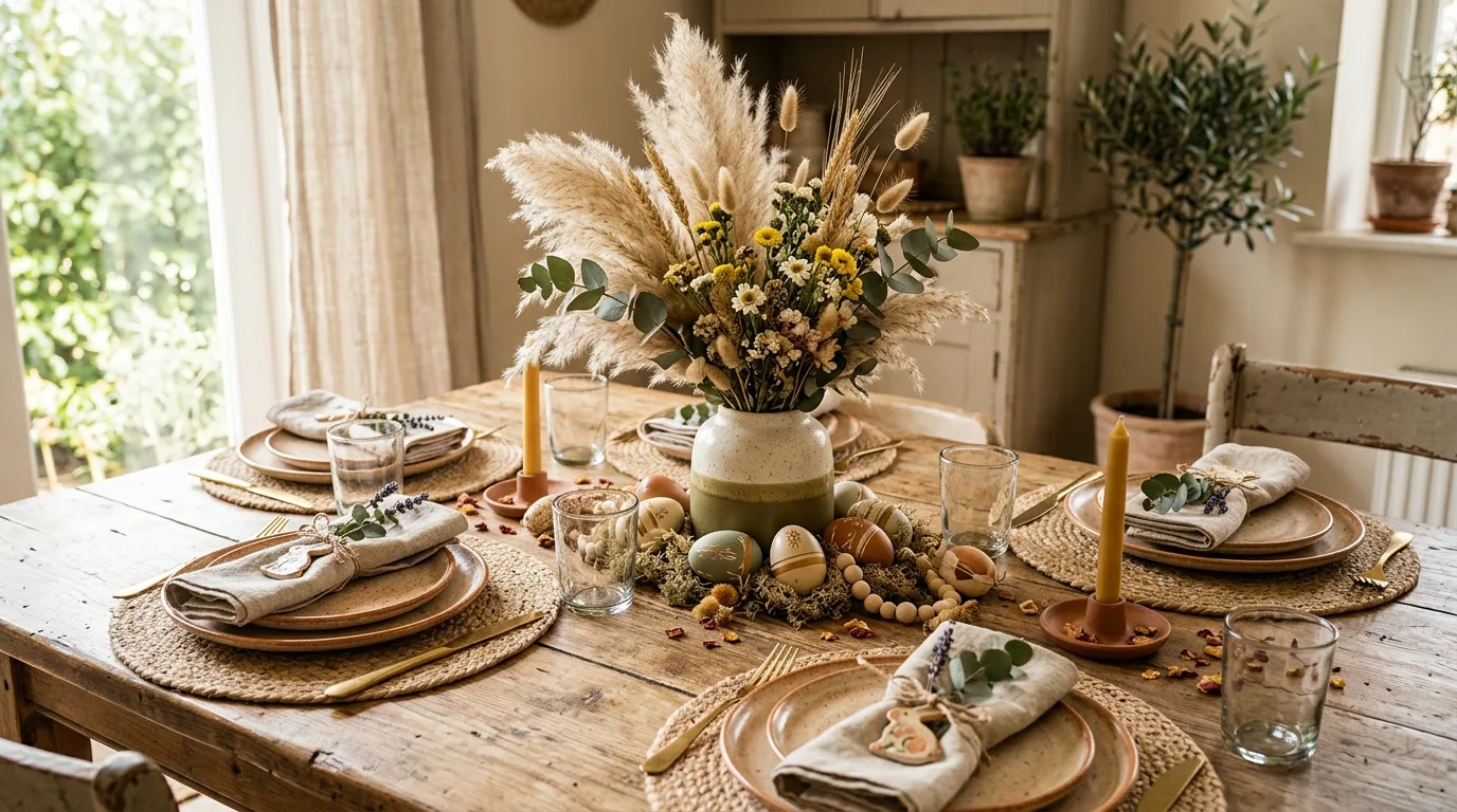 Boho Easter tablescape with woven placemats, pampas grass, and earthy ceramics