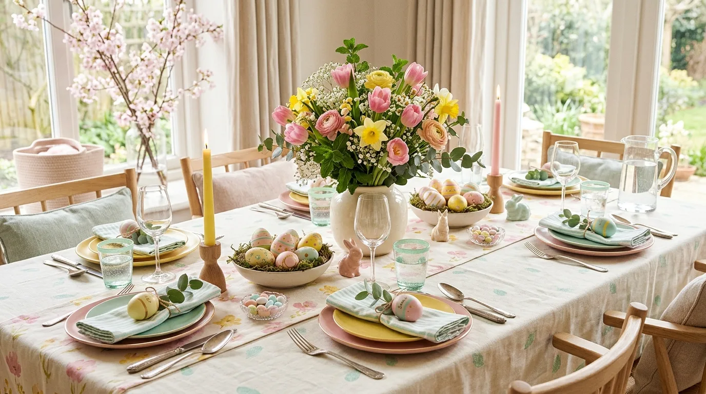 Pastel Easter table with pink, yellow, and mint accents and floral arrangements