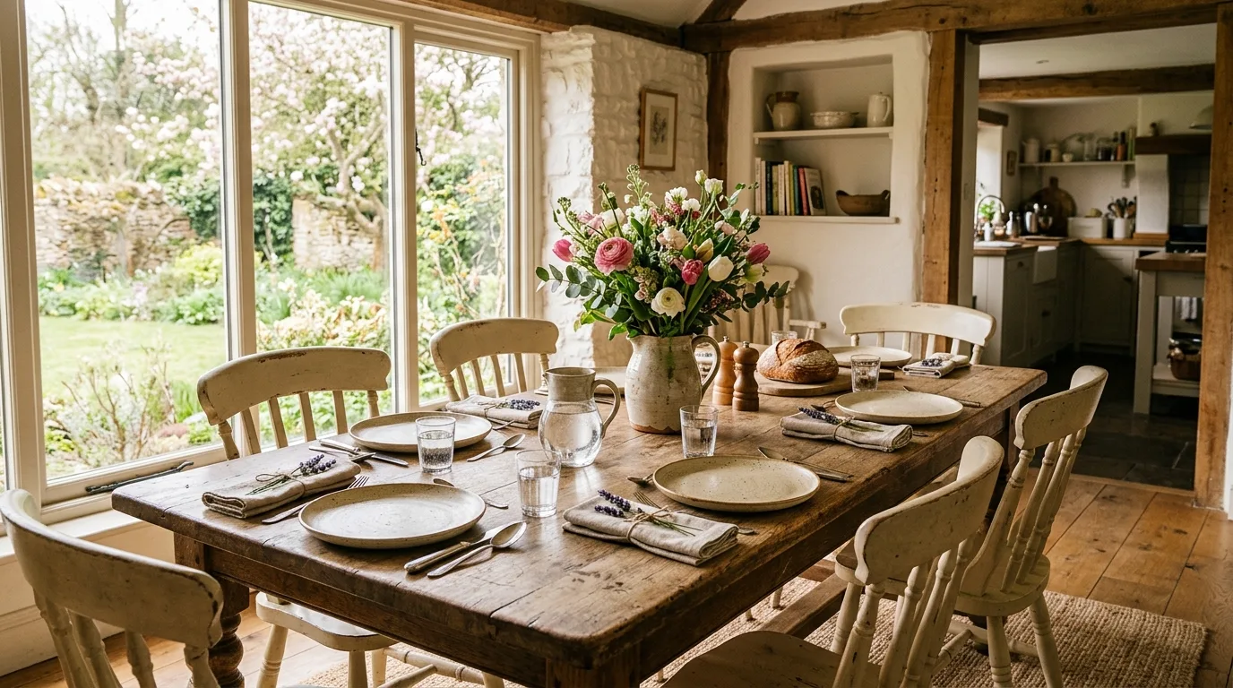 Farmhouse Easter dining setup with rustic plates and floral centerpiece