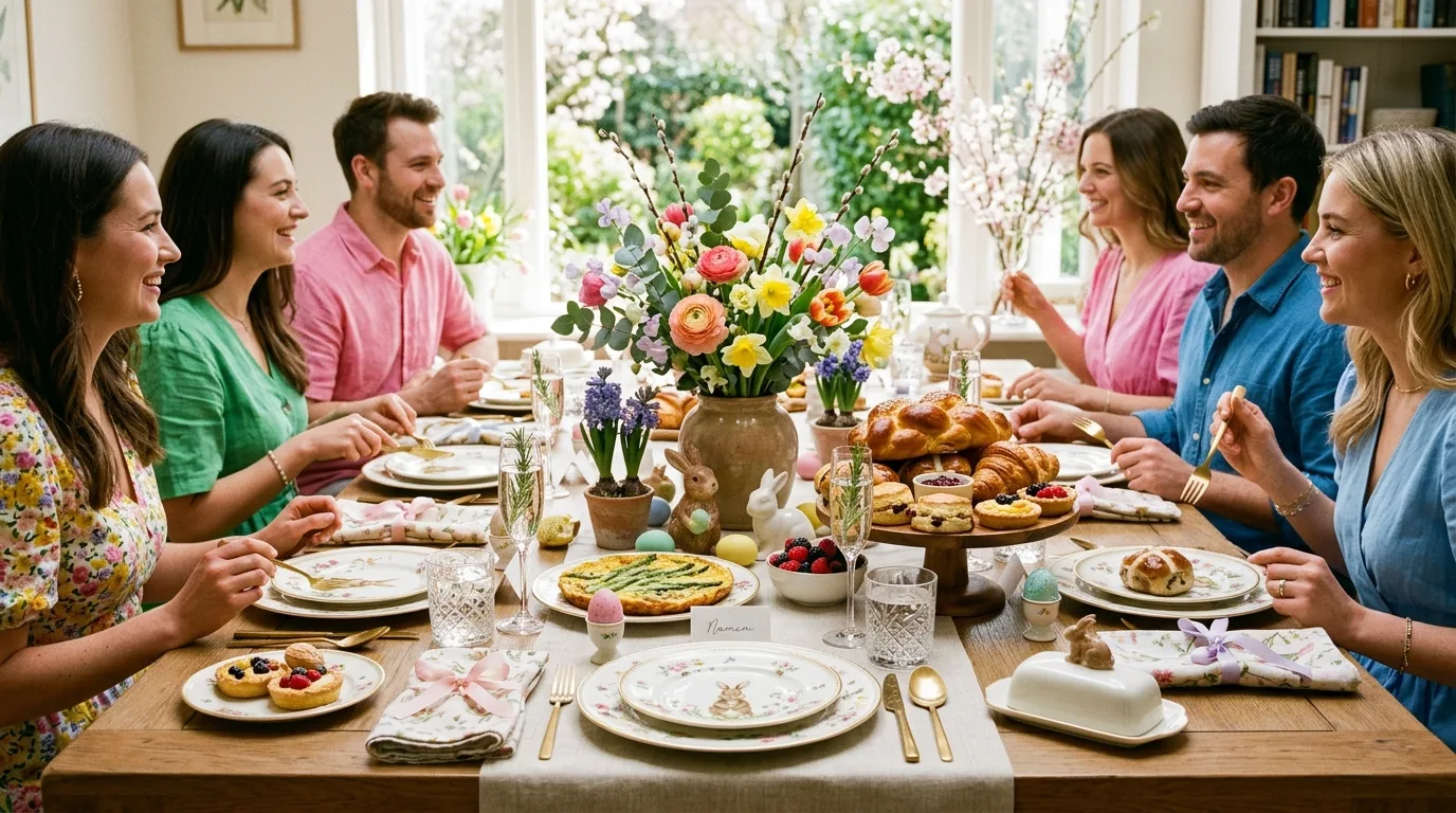 Stylish Easter brunch table with layered plates, pastries, and floral decor