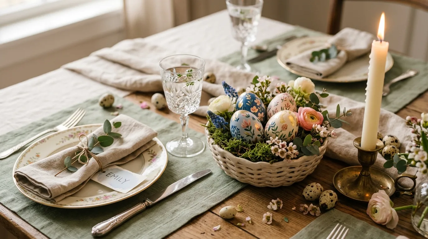 Detailed Easter table decor with eggs, candles, and elegant tableware