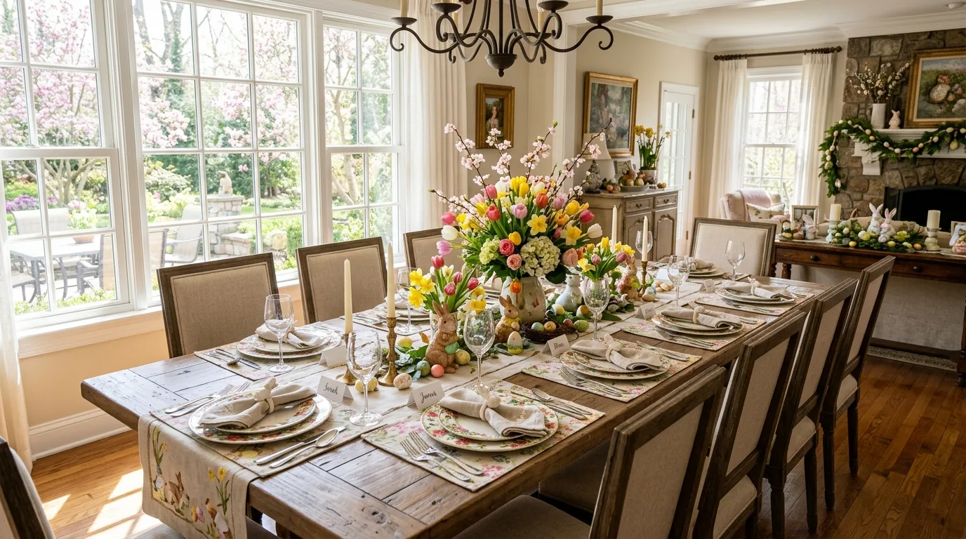 Wide Easter dining room scene with set table, florals, and seasonal decorations