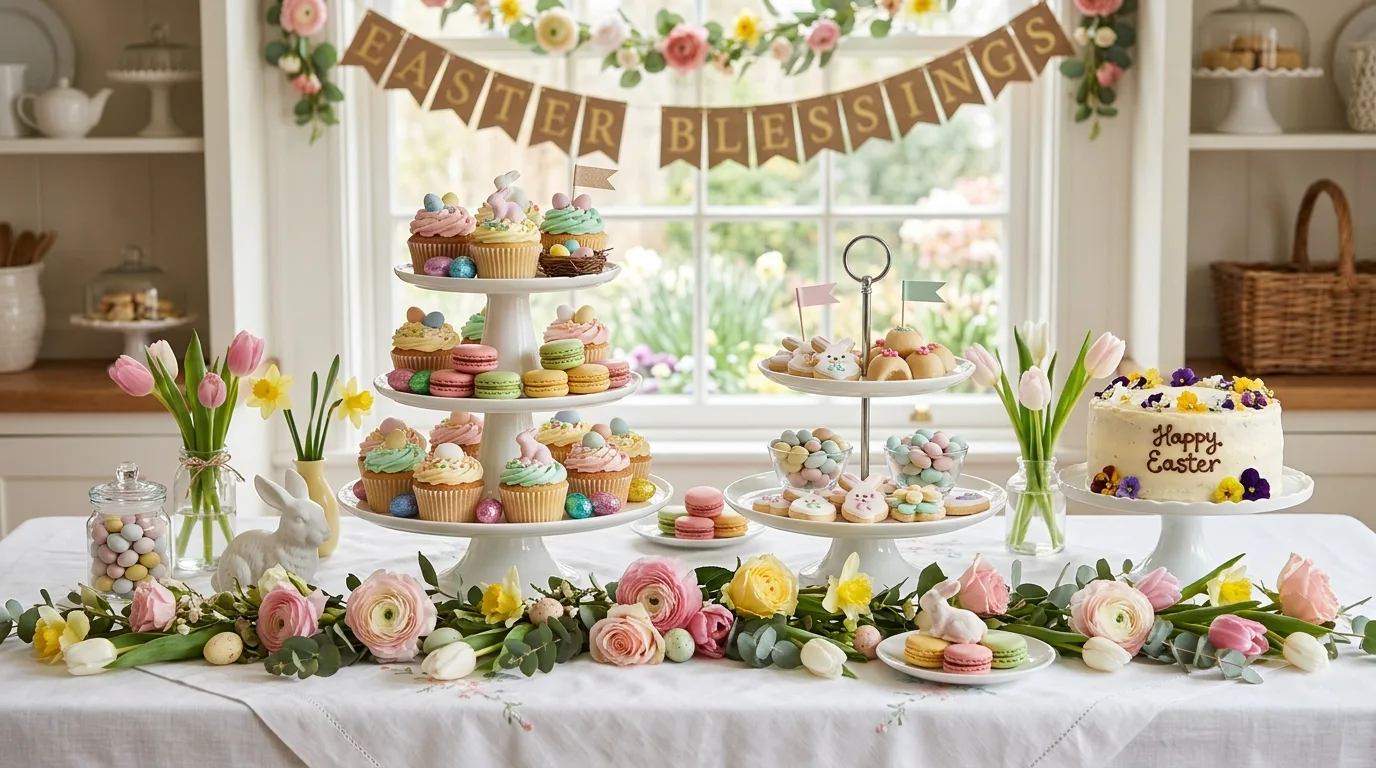 Elegant Easter treat table with pastel desserts and floral garlands