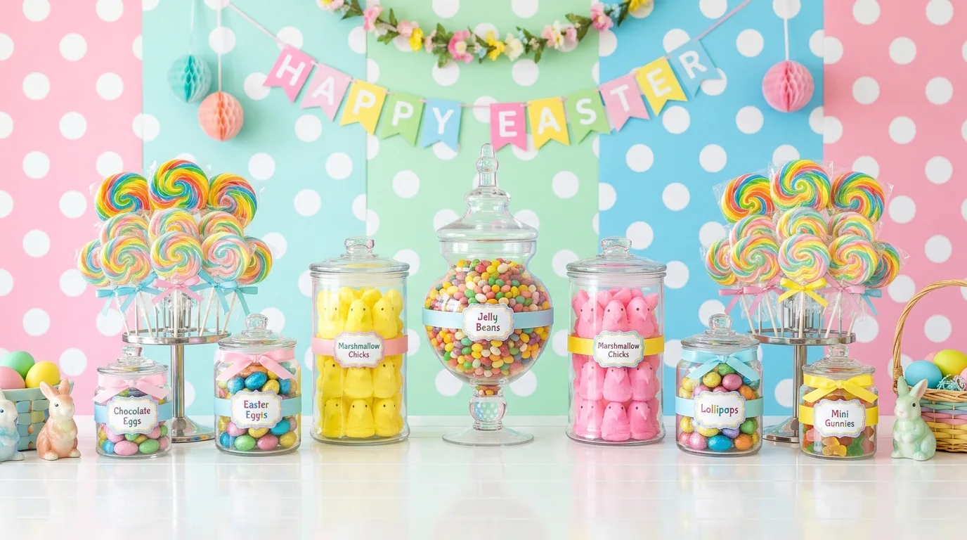 Rustic farmhouse Easter dessert table with wooden crates, burlap runners, and ceramic bunny figurines