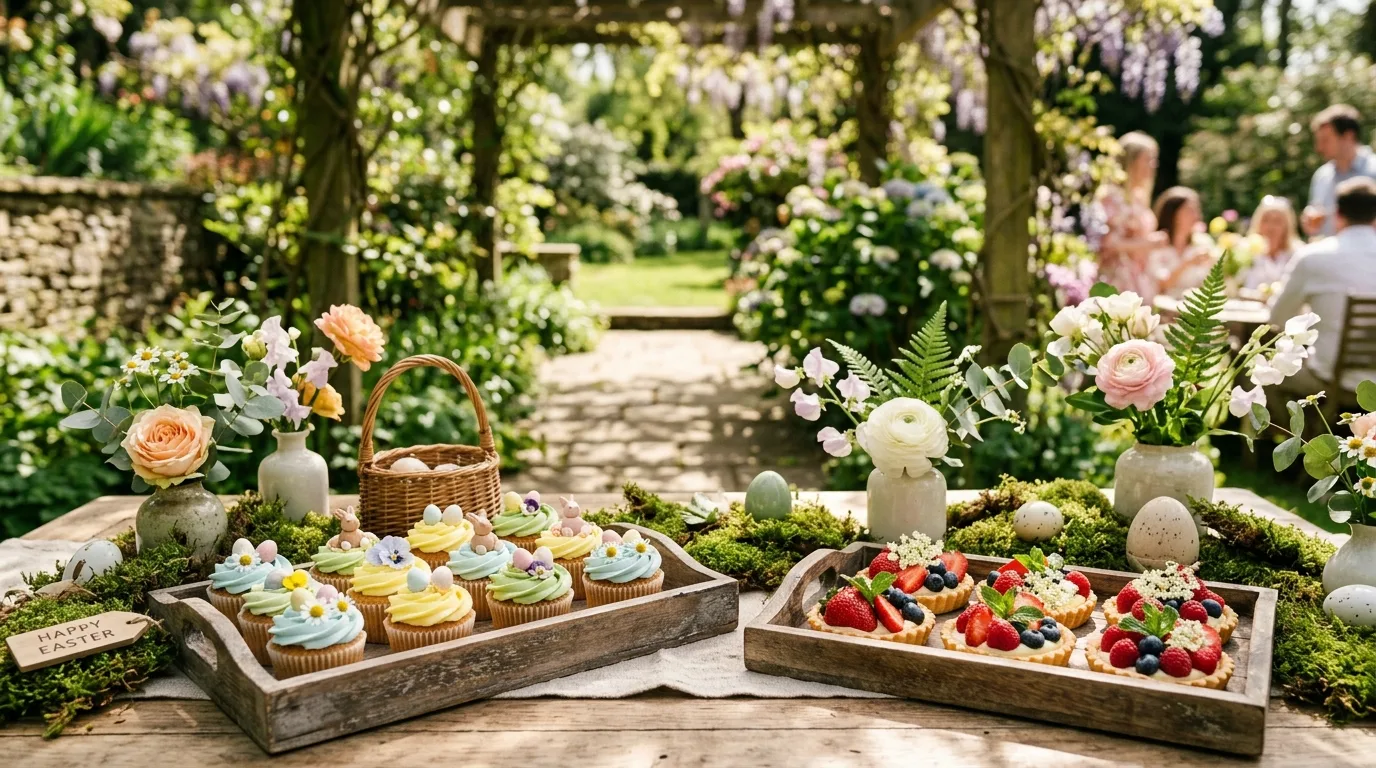 Minimalist Easter treat table with simple cake, pastries, and delicate egg decorations