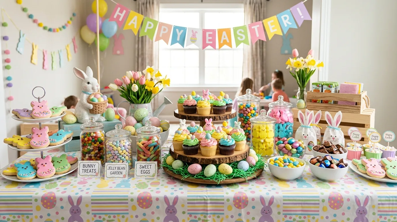 Luxury Easter treat table with gold accents, crystal stands, layered cakes, and macarons