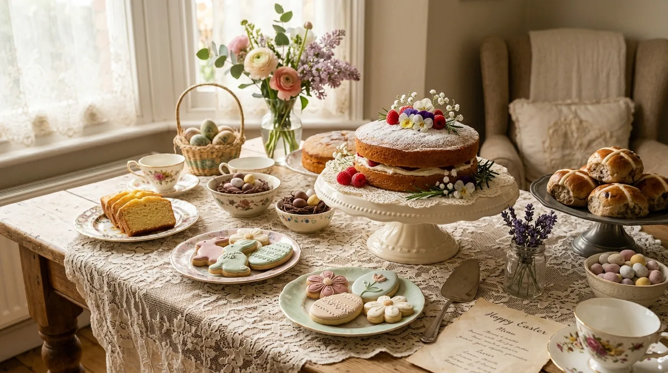 Kids themed Easter treat table with bunny shaped cookies, colorful cupcakes, and playful pastel decor