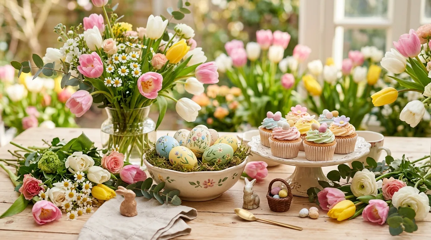 Vintage inspired Easter dessert table with lace tablecloth, antique cake stands, and pastel dishes